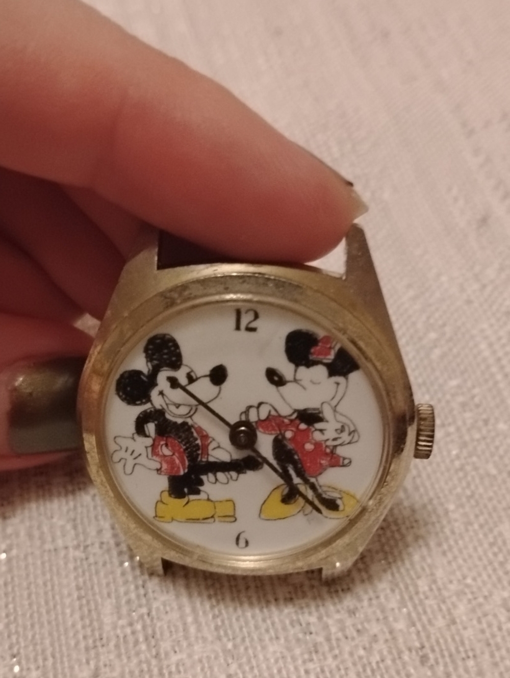 Vintage Mickey & Minnie Cartoon Watch Face - Gold Tone